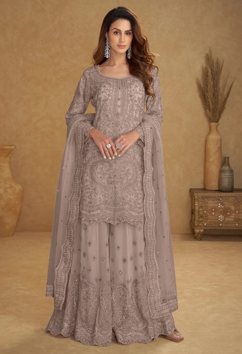 Net Dusty Grey Embroidered Wedding Palazzo Suit